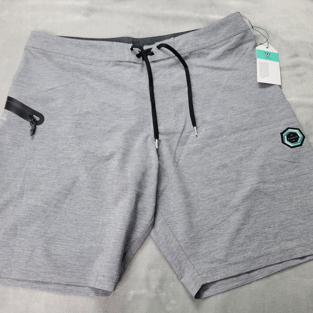Vissla Mens NEW 38 Drawstring Board Shorts with Zipper Pocket Swim Trunks Gray